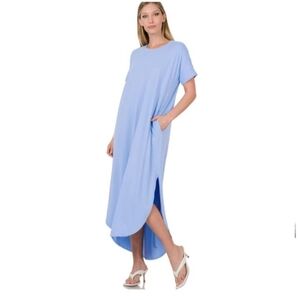Zenana Outfitters Dress Tshirt Maxi Wm L Blue V-neck Pouch Pocket Side S…